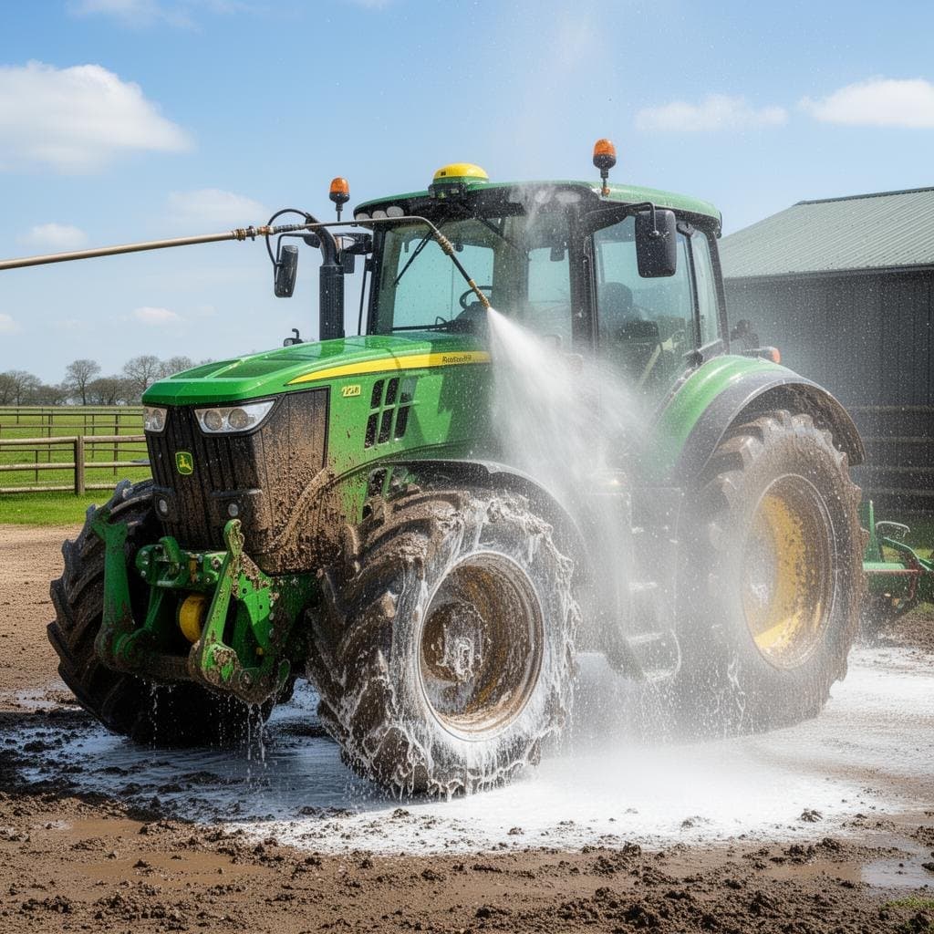 Mud being pressure washed off a farm tractor